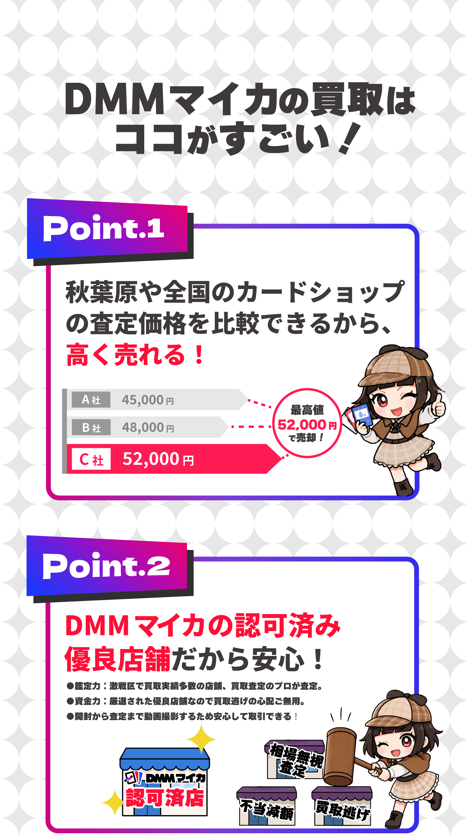 DMMマイカ買取の特長。全国のカードショップの査定価格を比較して高く売れ、認可済みの優良店舗だから安心です。